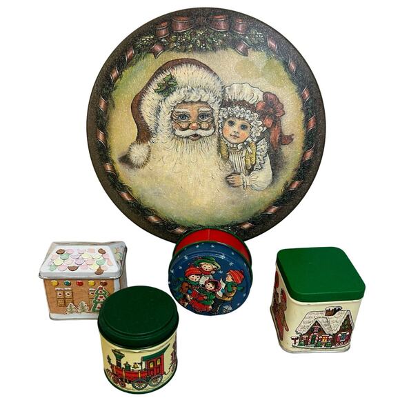 5 x Christmas Tins Lot - Various Sizes / Scenes Holiday Decoration Storage - Picture 1 of 6